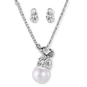 -NEW Elephant Pearl Pendant Necklace & Earrings Set